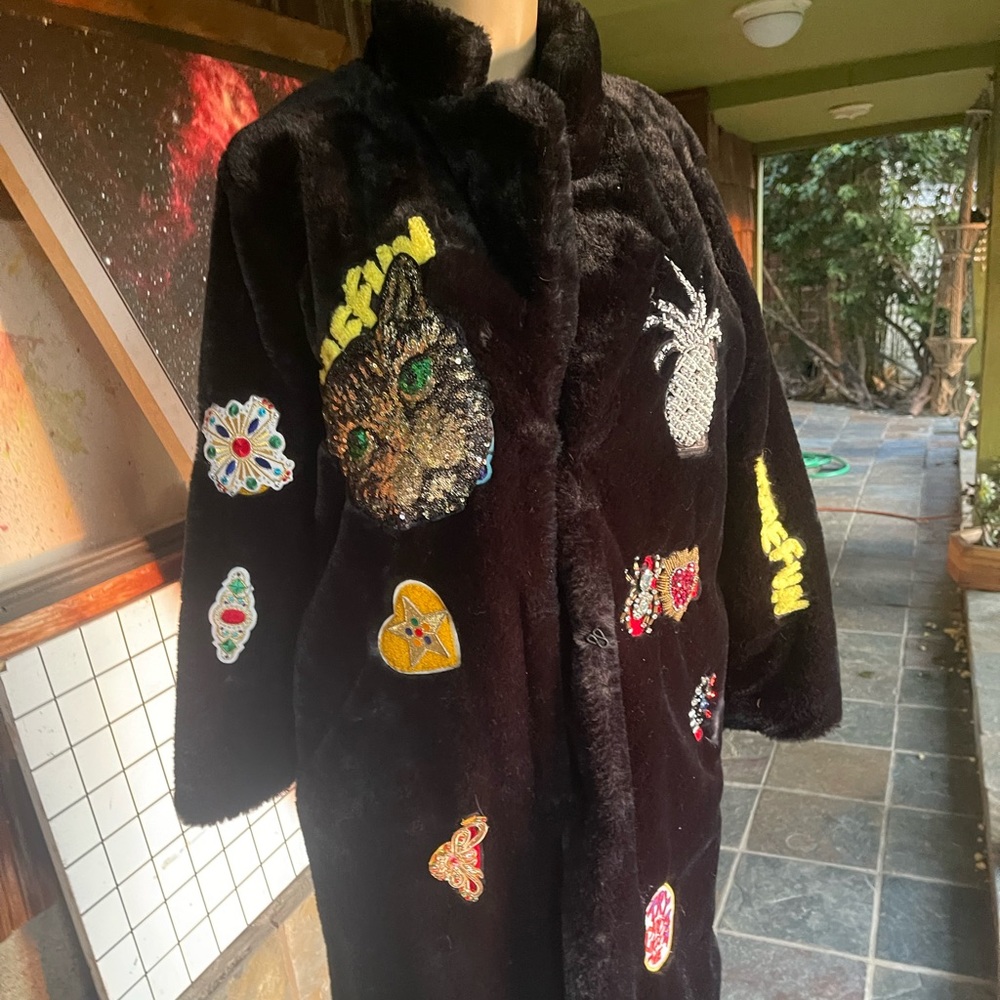 Embroidered Black Faux Fur Coat
